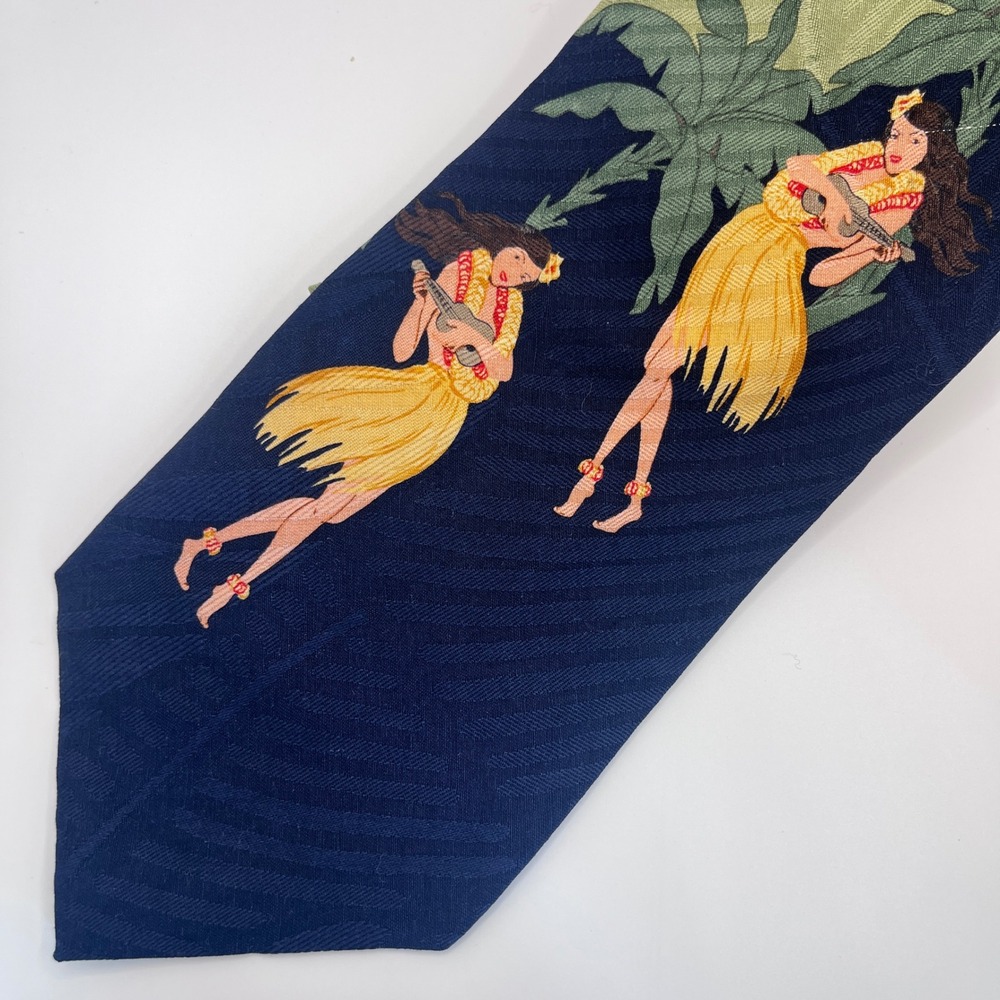 Tommy Bahama Tie Mens OS Navy Blue Excellent Hula Girl Tropical Silk Ukulele